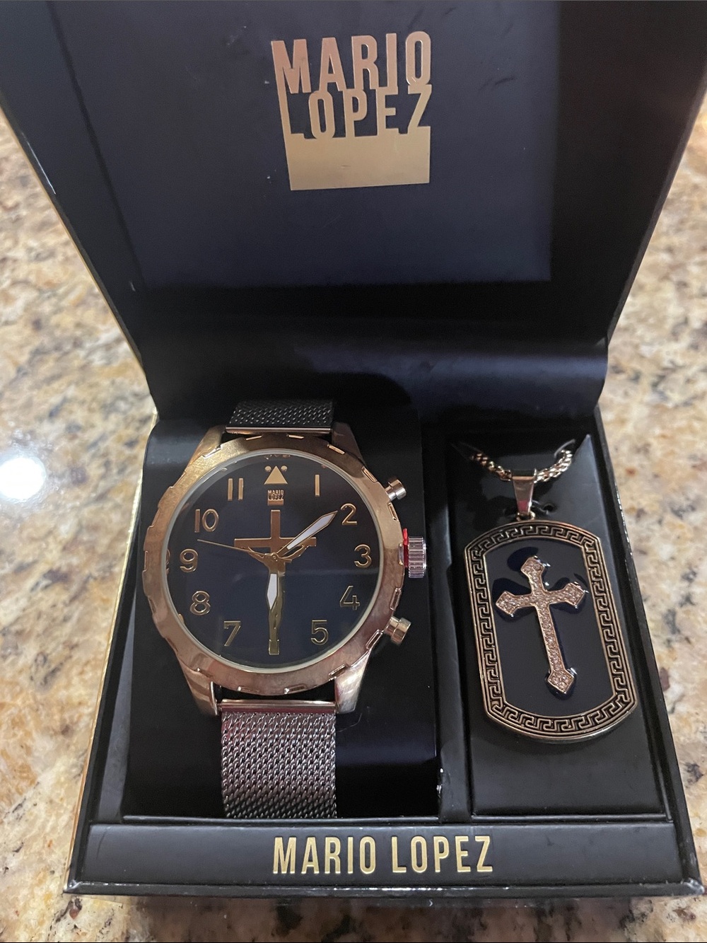 Mario Lopez Men's Black and Gold Watch Set with Cross Dog Tag Necklace